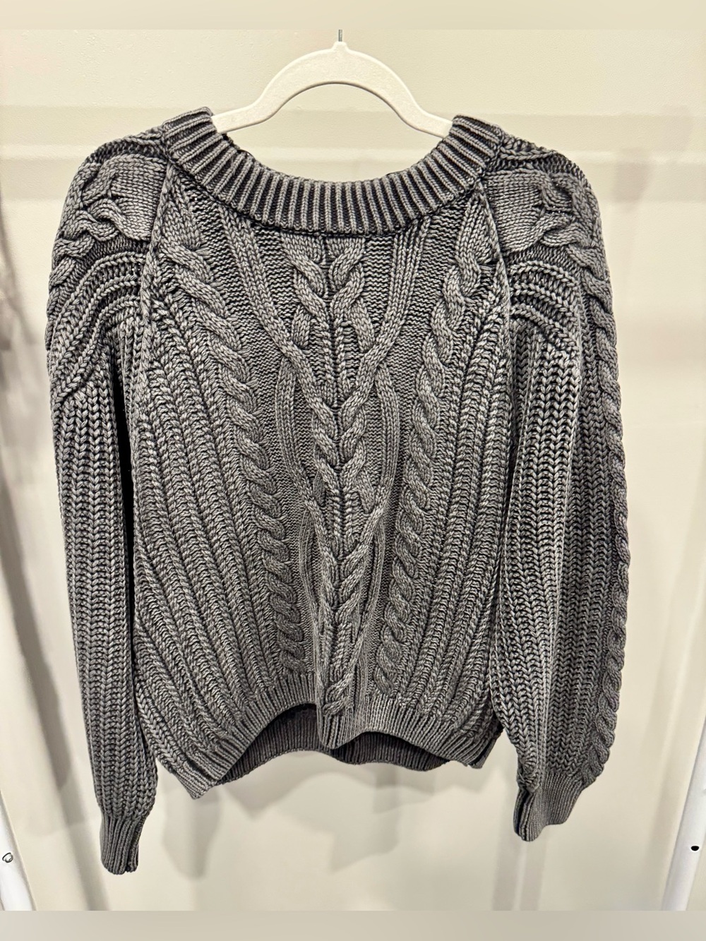Free People Gray Cable Knit Crewneck Sweater